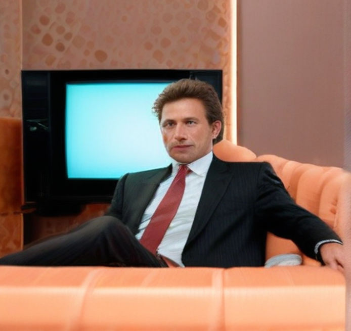 A suited businessman lounges before a sleek TV.