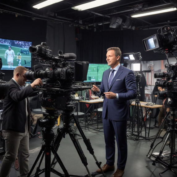 Broadcaster in a studio filming a sports segment, surrounded by cameras and technical equipment.