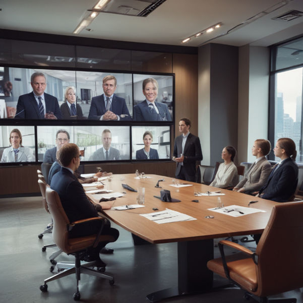 A meeting room with business leaders watching a free sports broadcast influencing their political strategies.
