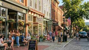 Charming small-town main street with local businesses, coffee shop and boutique storefronts, people walking and shopping, warm sunlight, community-focused lifestyle.