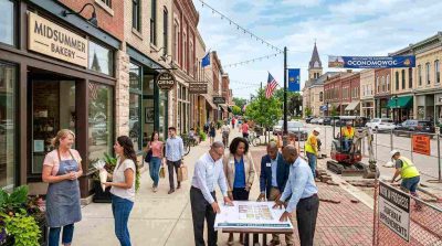 A modern Wisconsin downtown district with renovated storefronts, small business owners interacting with customers