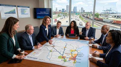 Multiple Wisconsin community leaders meeting around a regional development map, business executives discussing economic strategy