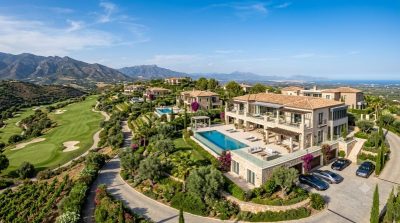 A panoramic luxury European hillside estate featuring elegant Mediterranean villas, lush landscaped gardens, private golf course views, modern architecture blended with nature