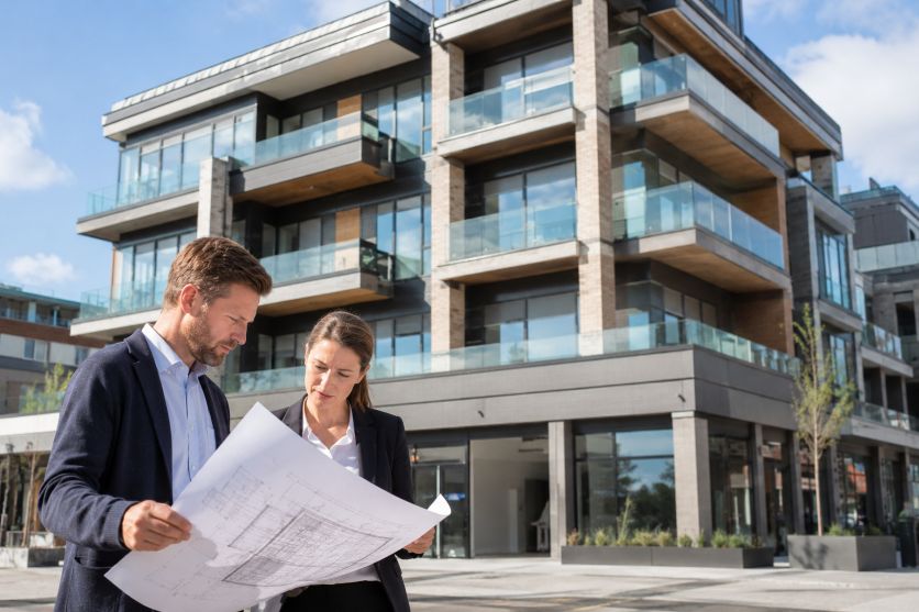 Architects Reviewing Plans Outside Modern Building