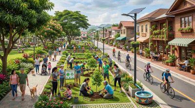A welcoming small American community with local businesses, green public spaces, pedestrians, trees, sustainable infrastructure, and community members participating in an environmental initiative